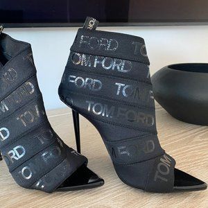 Tom Ford Black Logo Peep Toe Heel Booties  Size EU 37.5  US 7.5